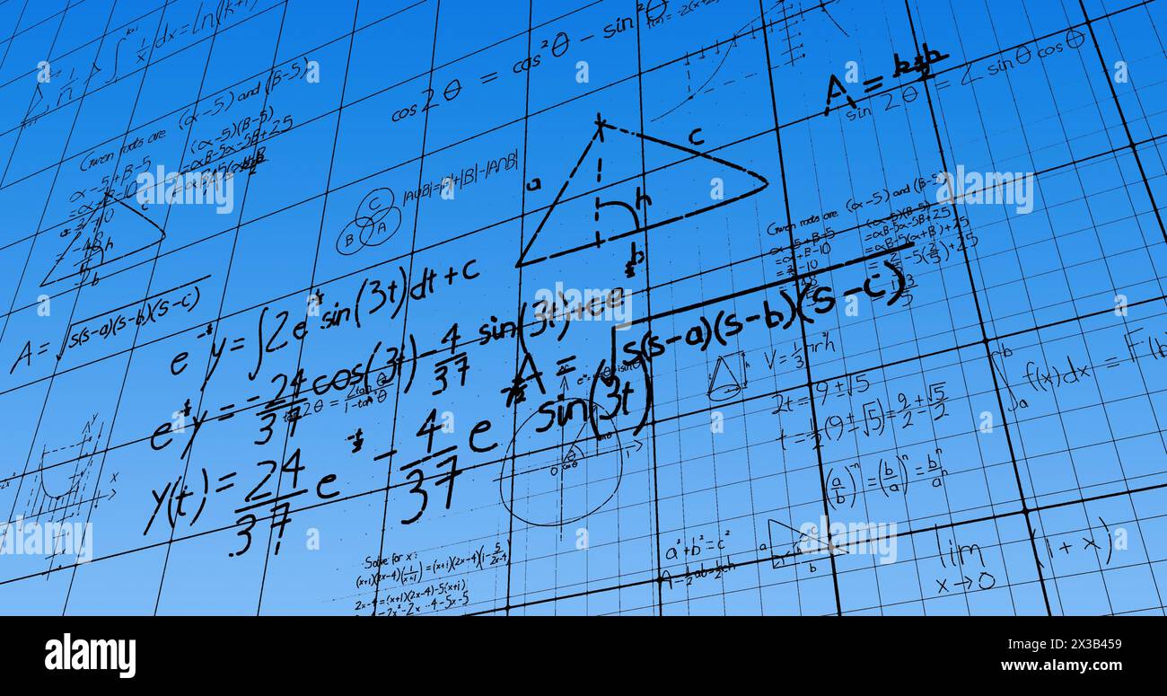 Image of mathematical data processing over blue background Stock Photo