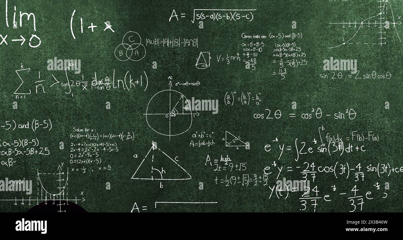Image of mathematical data processing over green background Stock Photo
