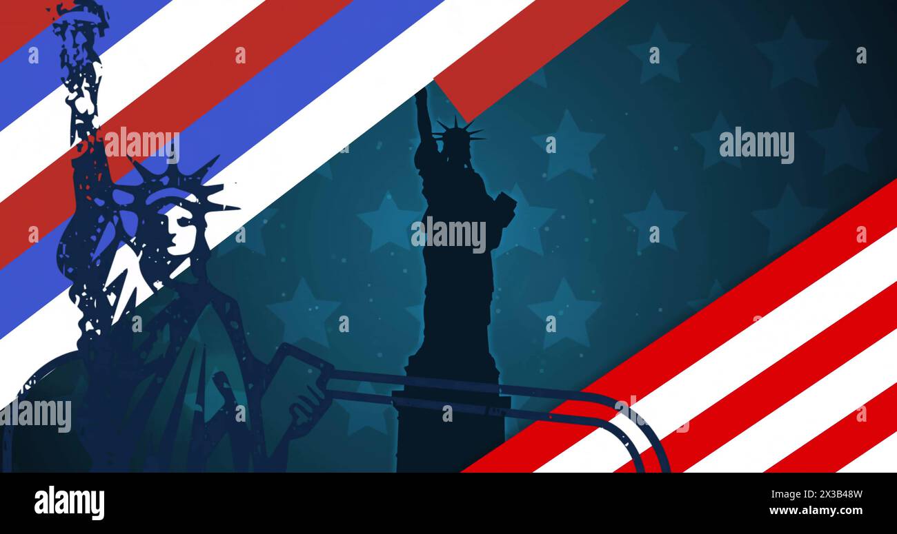 Image of flag of usa over statue of liberty on black background Stock Photo