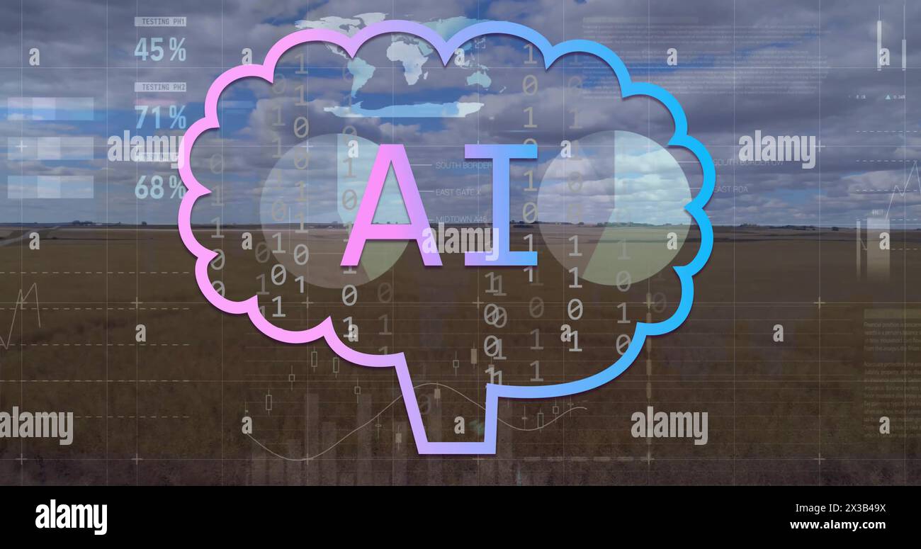Image of ai text, binary codes in brain, infographic interface over landscape and cloudy sky Stock Photo
