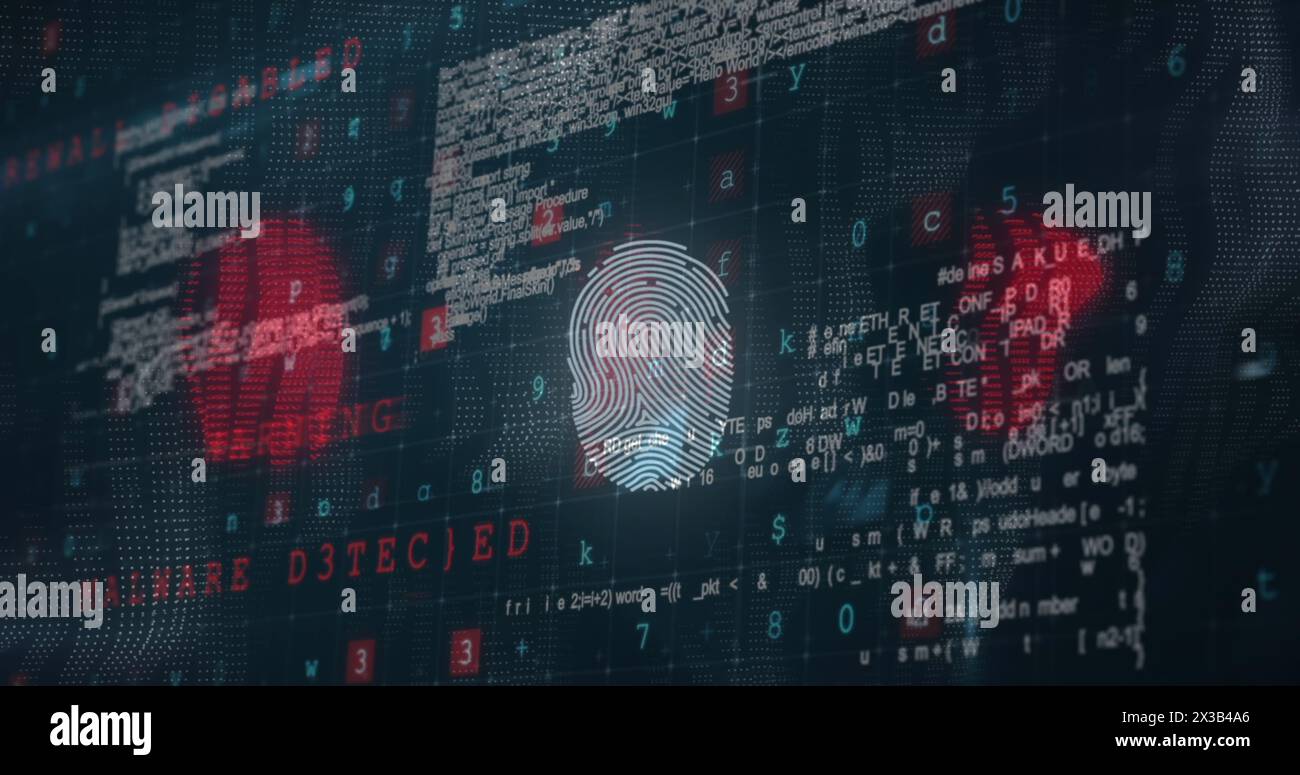Image of a white fingerprint spinning over data processing Stock Photo