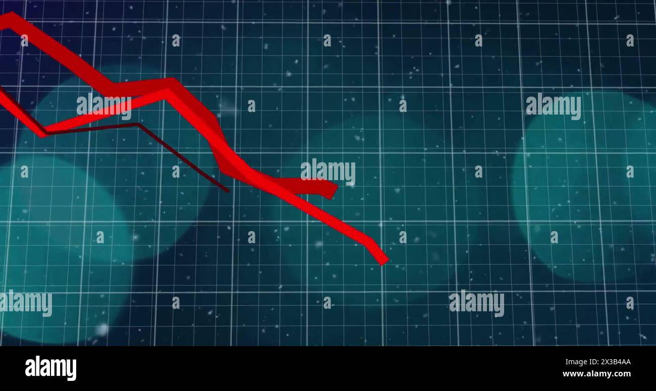 Image of red lines and financial data processing over grid Stock Photo