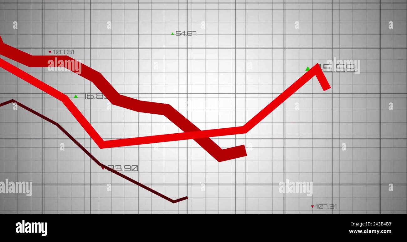 Image of red lines and financial data processing over grid Stock Photo