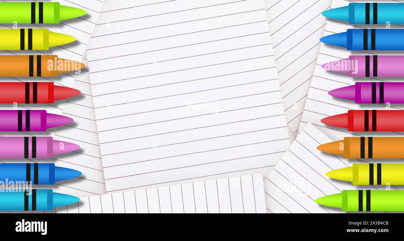 Image of multiple colourful crayons on right and left over white lined paper in the background Stock Photo