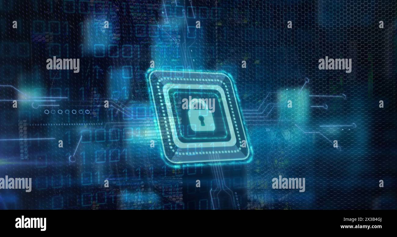 Image of padlock icon over computer circuit board and data processing Stock Photo