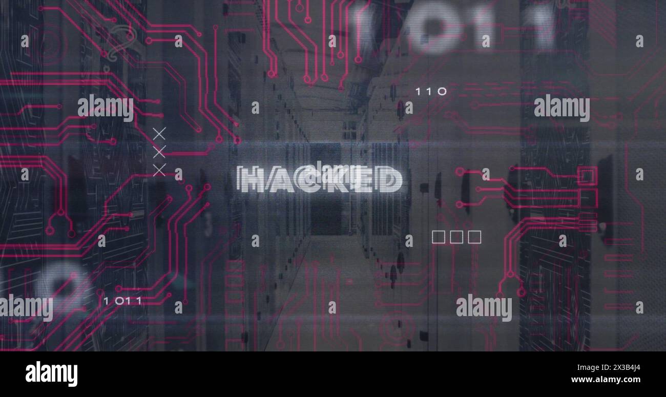 Image of hacked text over computer servers and data processing Stock Photo