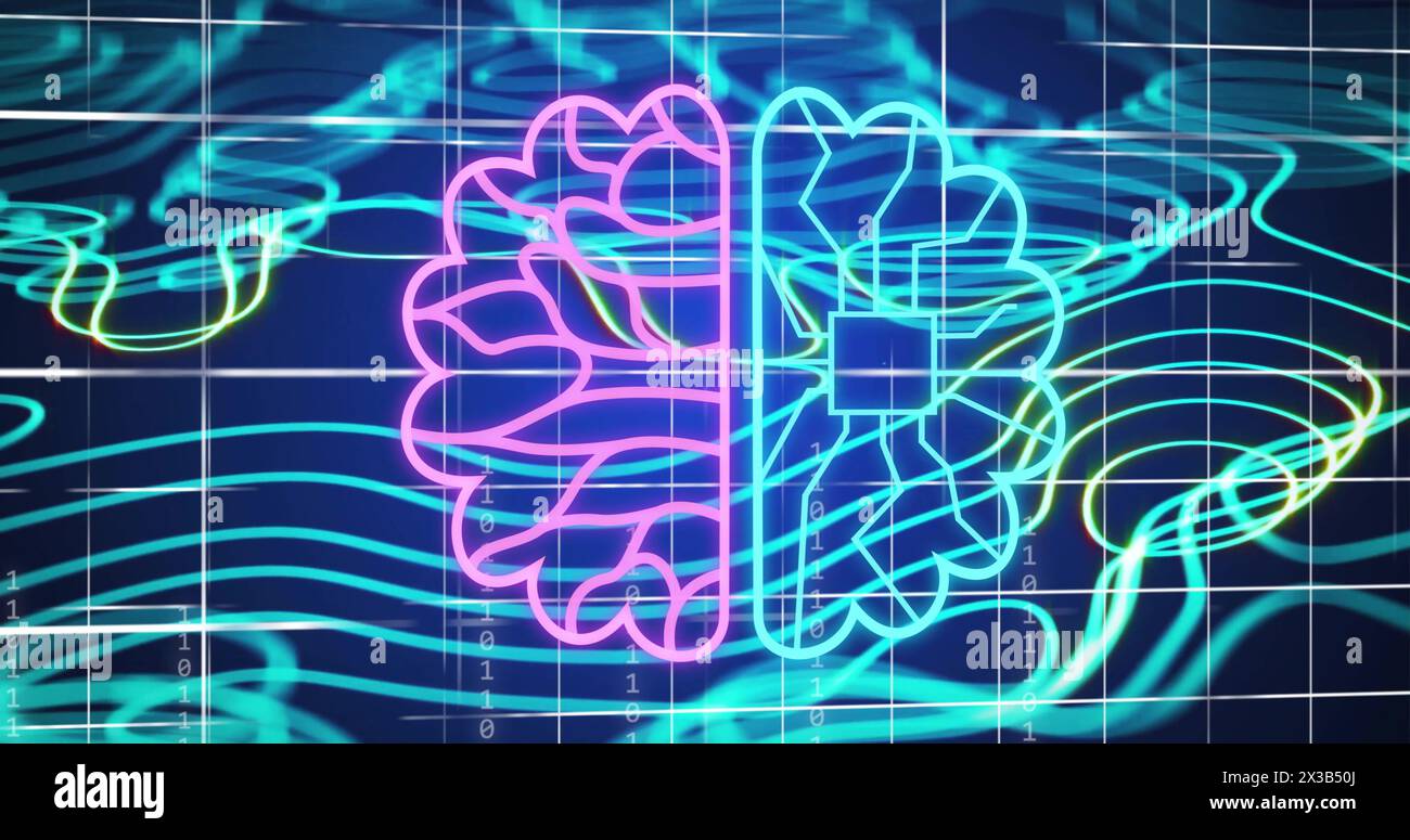 Image of ai data processing over blue glowing lines on dark background Stock Photo