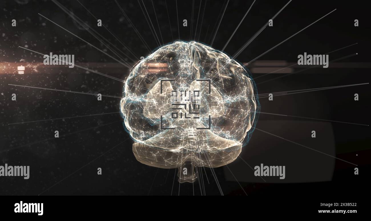 Image of glowing human brain with qr code digital interface Stock Photo