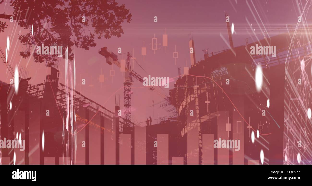 Image of digital interface with financial data processing over construction site Stock Photo