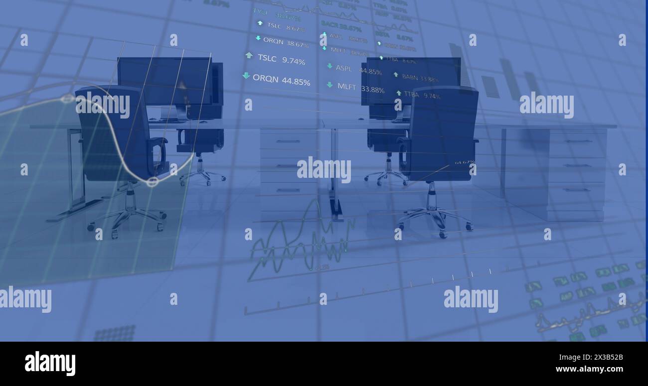 Image of financial data processing over office with computers on desks Stock Photo
