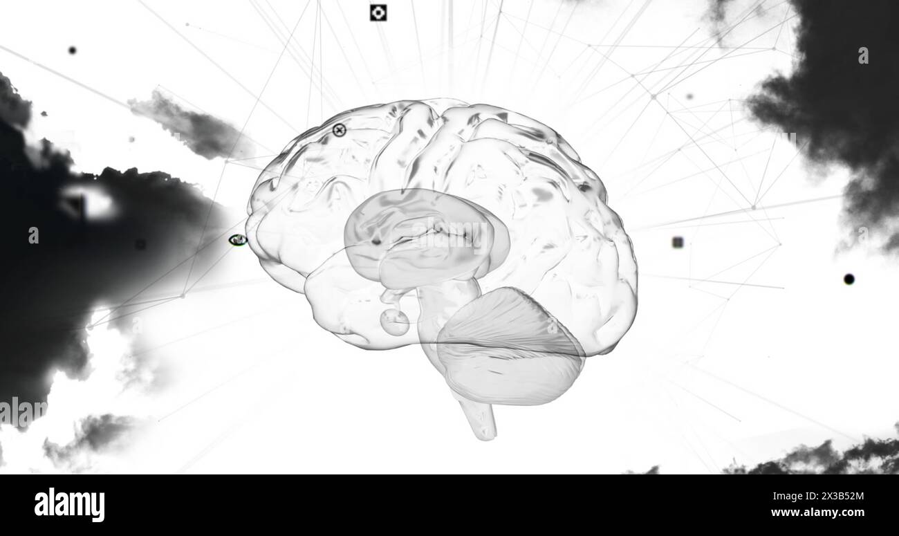 Image of glowing human brain with data processing and clouds Stock Photo