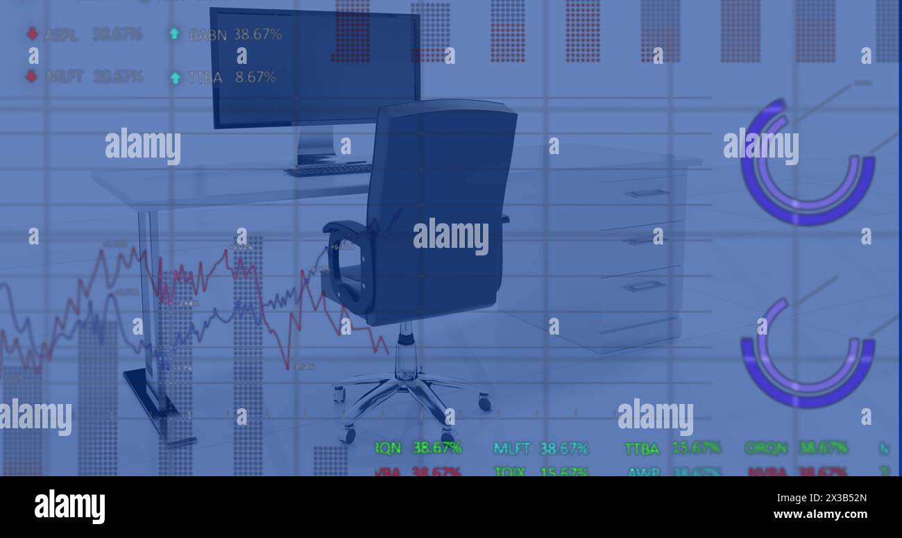 Image of financial data processing over office with computer on desk Stock Photo