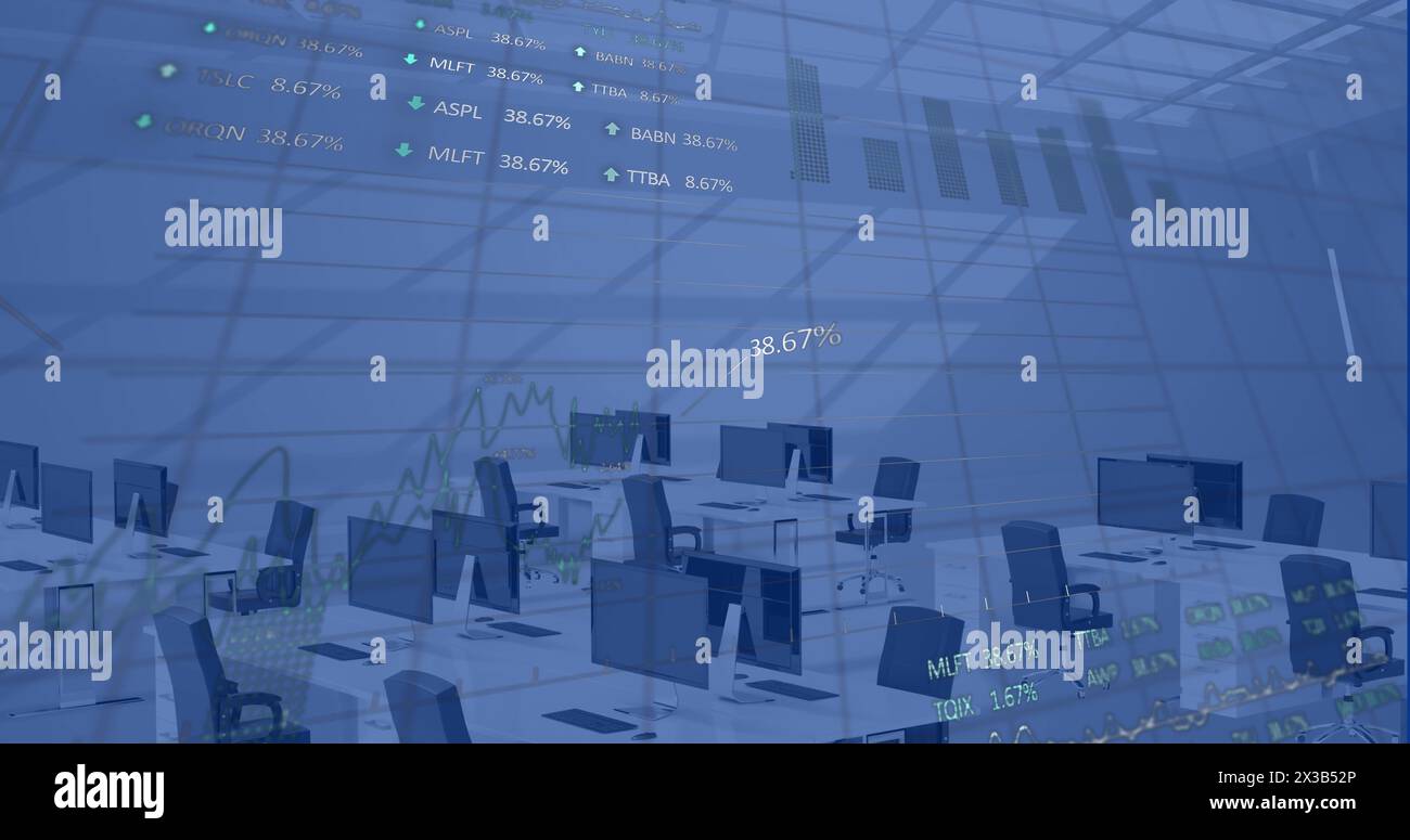 Image of financial data processing over office with computers on desks Stock Photo