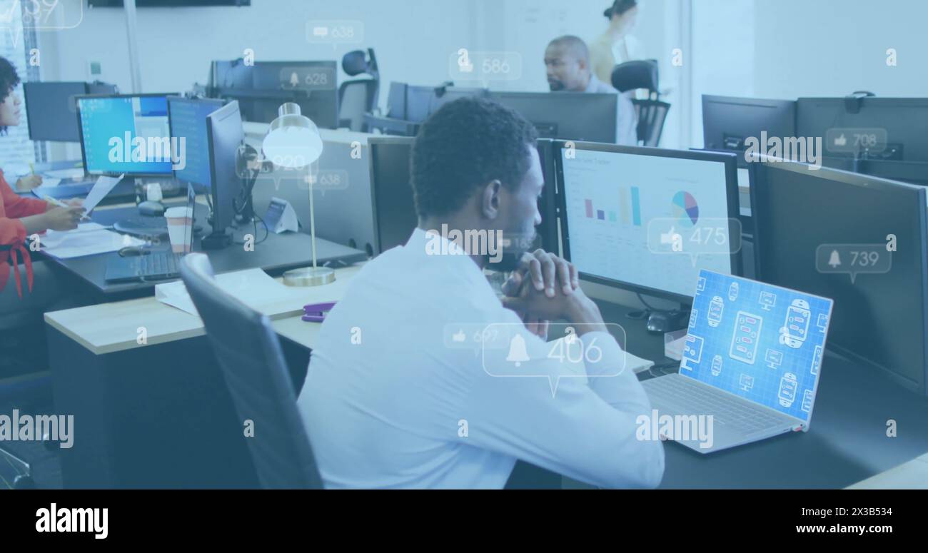 Image of multiple notification bars, african american man looking at presentation in laptop Stock Photo