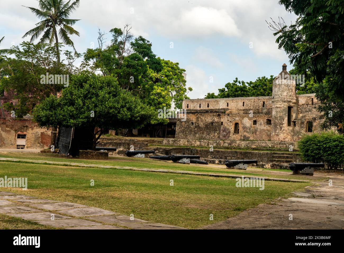 old fort Jesus in the Kenyan city of Mombasa on the coast of the Indian Ocean. Fort Jesus is a Portuguese fortification in Mombasa, Kenya. It was buil Stock Photo