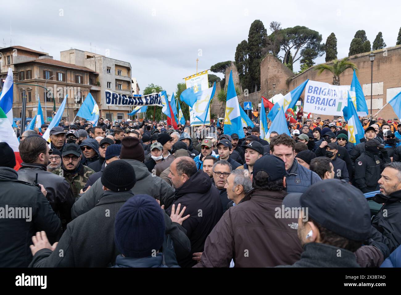 Rome, Italy. 25th Apr, 2024. Protesters of the Jewish Brigade at Porta San Paolo in Rome, on the occasion of Liberation Day (Credit Image: © Matteo Nardone/Pacific Press via ZUMA Press Wire) EDITORIAL USAGE ONLY! Not for Commercial USAGE! Stock Photo