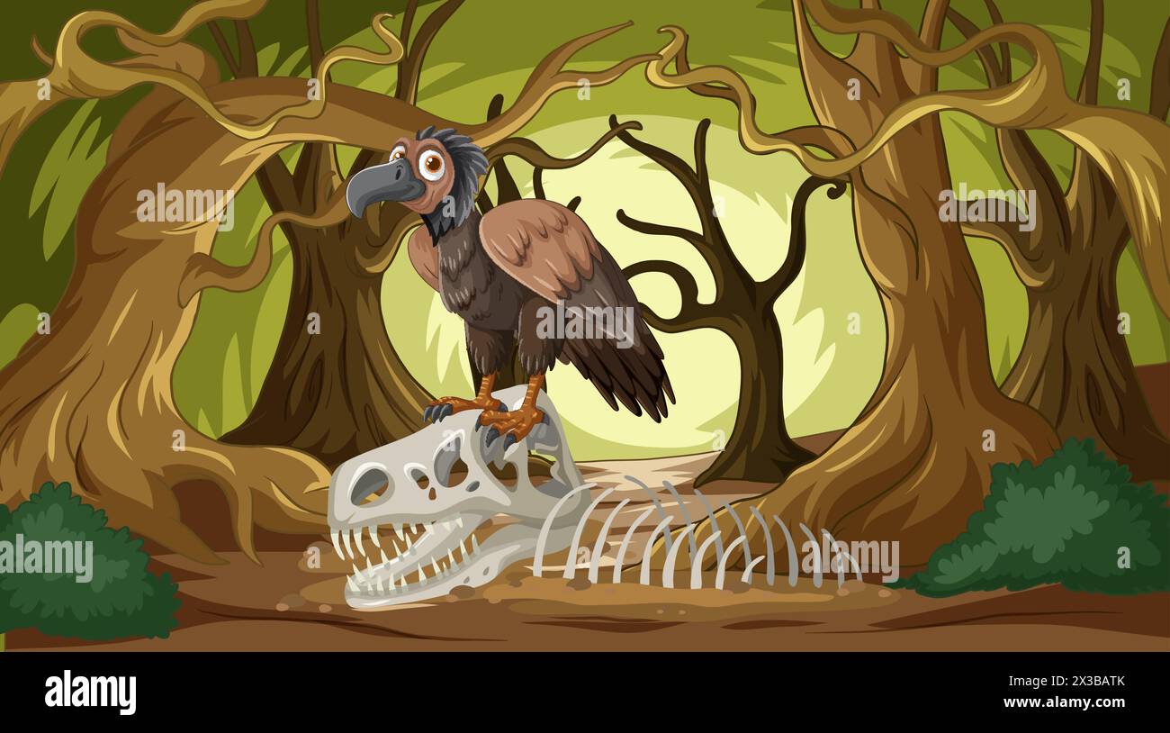 Illustration of a vulture on a skeleton among trees. Stock Vector