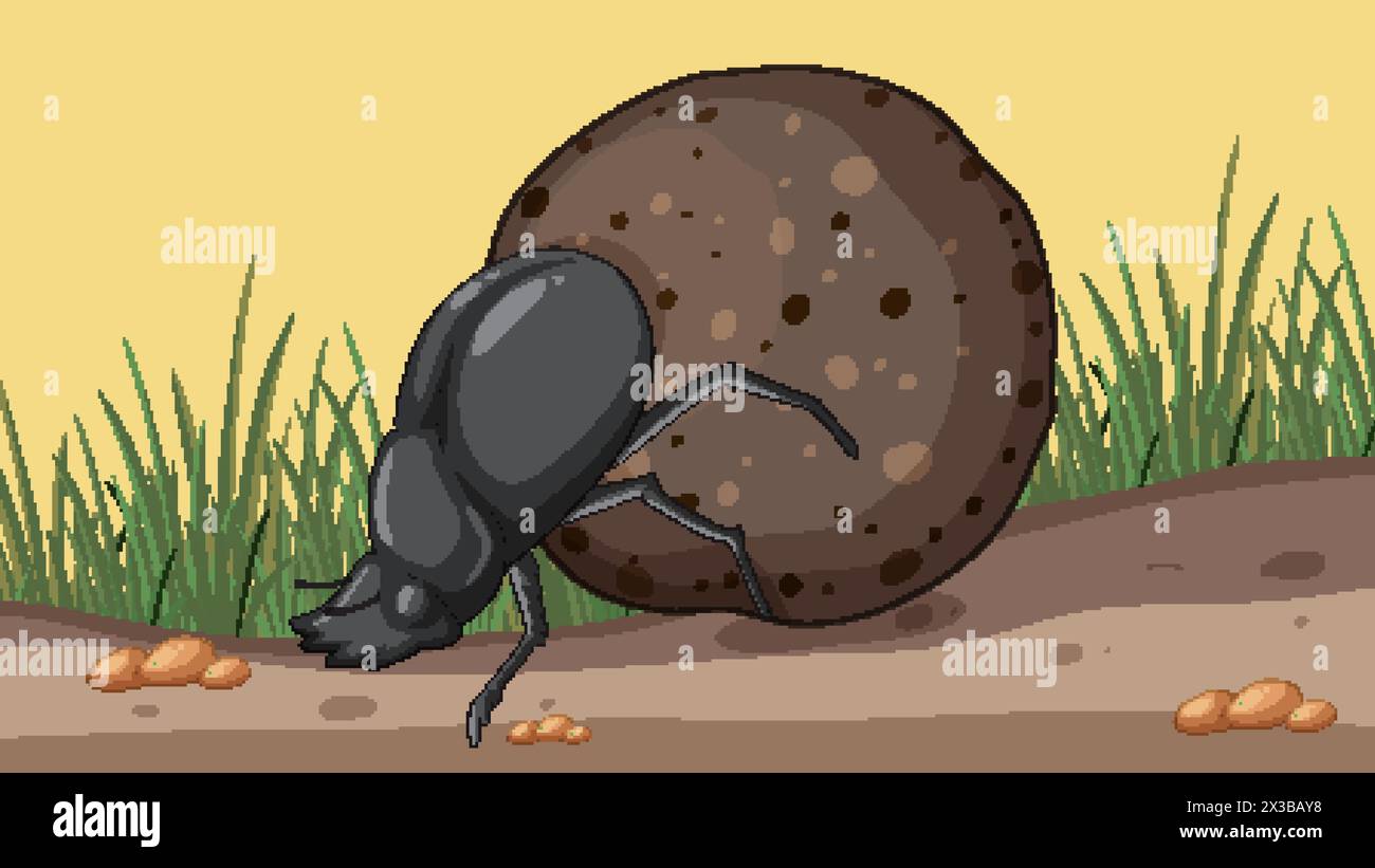 Vector illustration of a dung beetle pushing dung Stock Vector
