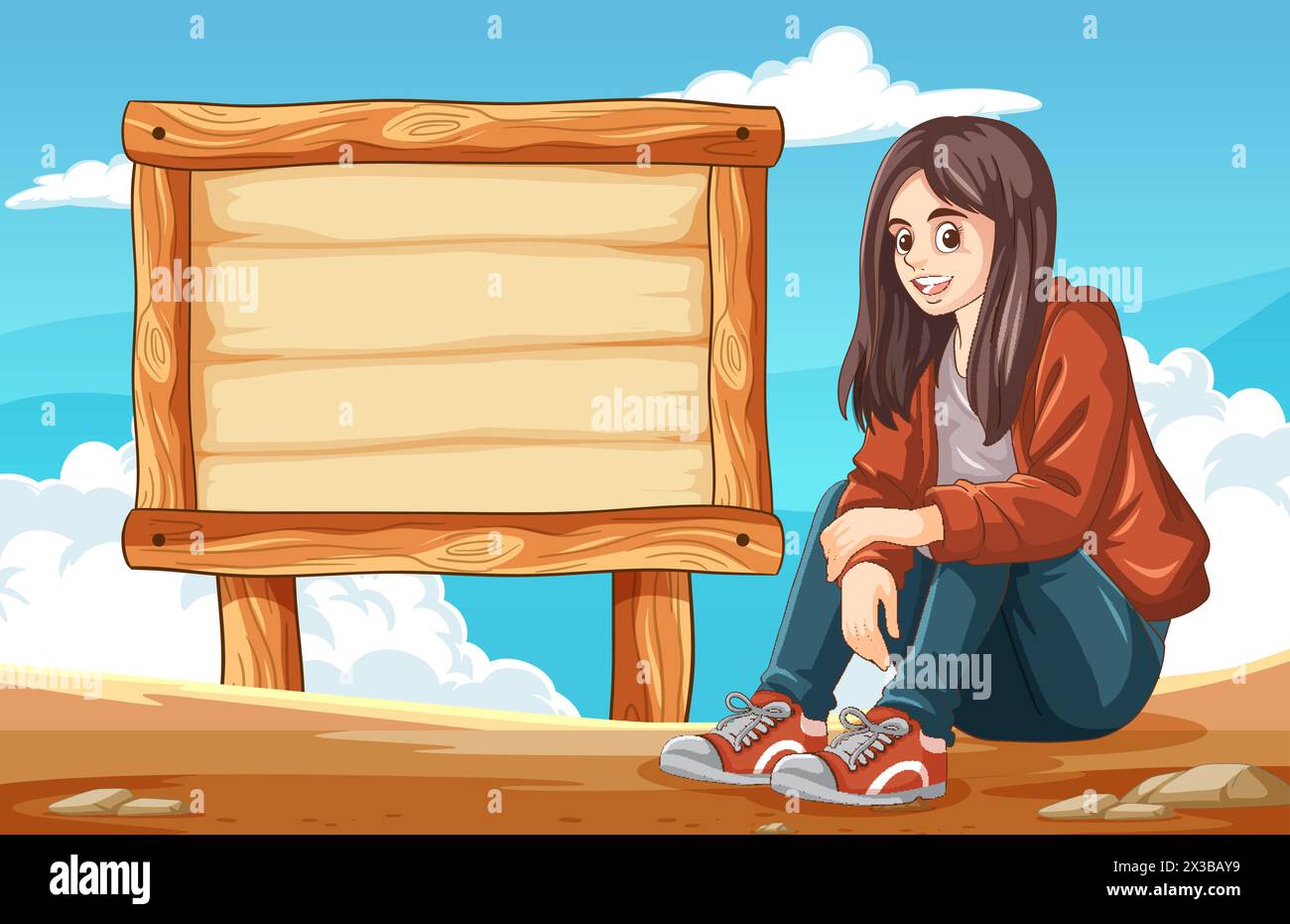 Illustration of a woman beside a blank wooden sign Stock Vector Image ...