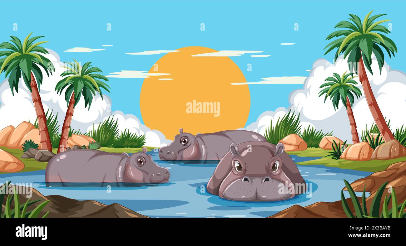 Three hippos in water under a sunset sky. Stock Vector