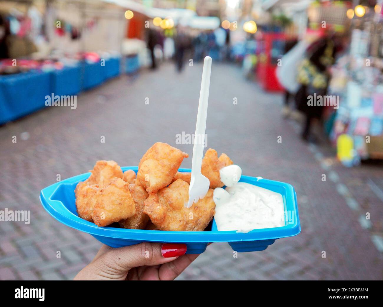 Kibbeling, the Dutch street food made of deep-fried cod can be easily found at the market or street in the country. Stock Photo