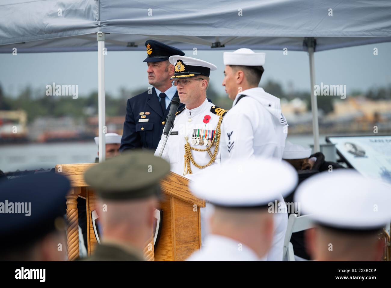 San Diego, California, USA. 25th Apr, 2024. New Zealand Naval Attaché, Cmdr ALAN PARKER gives the Commemorative Address during the ANZAC Day Service aboard the USS Midway (Credit Image: © Jasen Laks/ZUMA Press Wire) EDITORIAL USAGE ONLY! Not for Commercial USAGE! Stock Photo