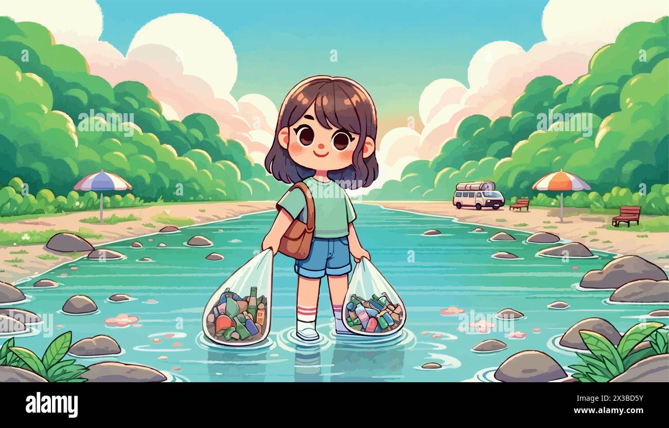 A cartoon-style schoolgirl stands and cleans a waste pond while holding bags of trash in her hands. Stock Vector