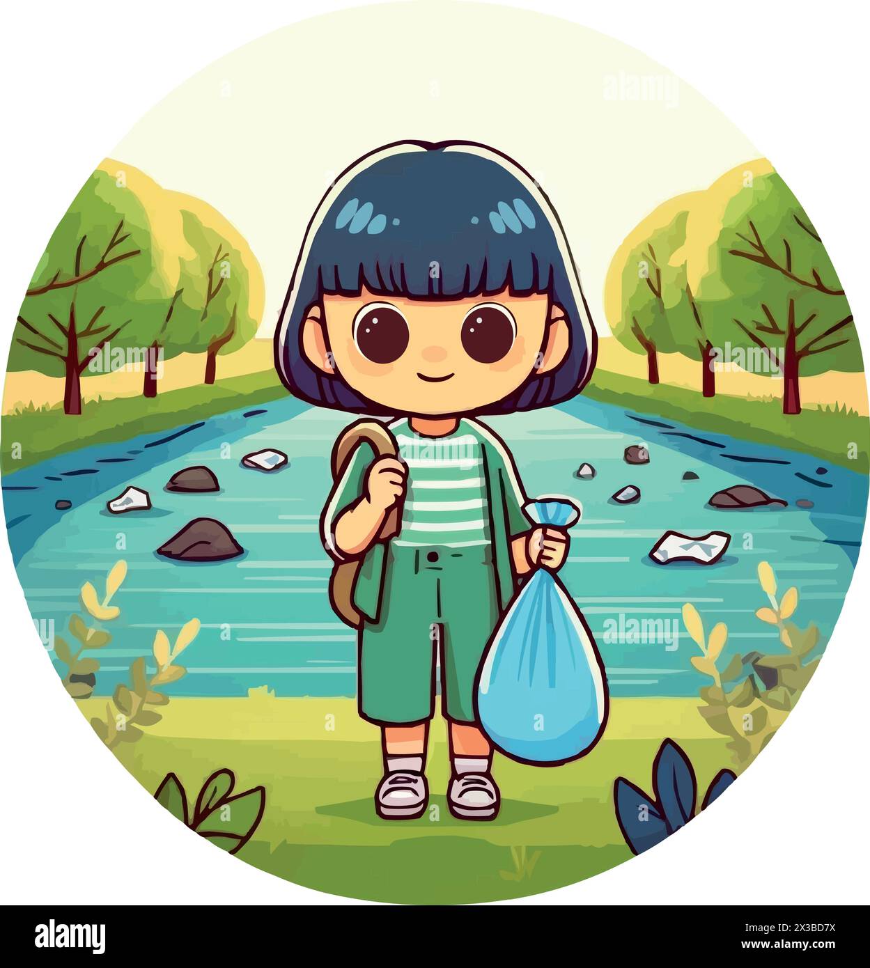 With a bag of trash in her hands, a cartoonish schoolgirl shows concern for the environment. Stock Vector