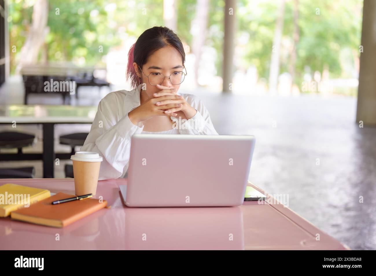 A young focused Asian female college student working on her laptop ...