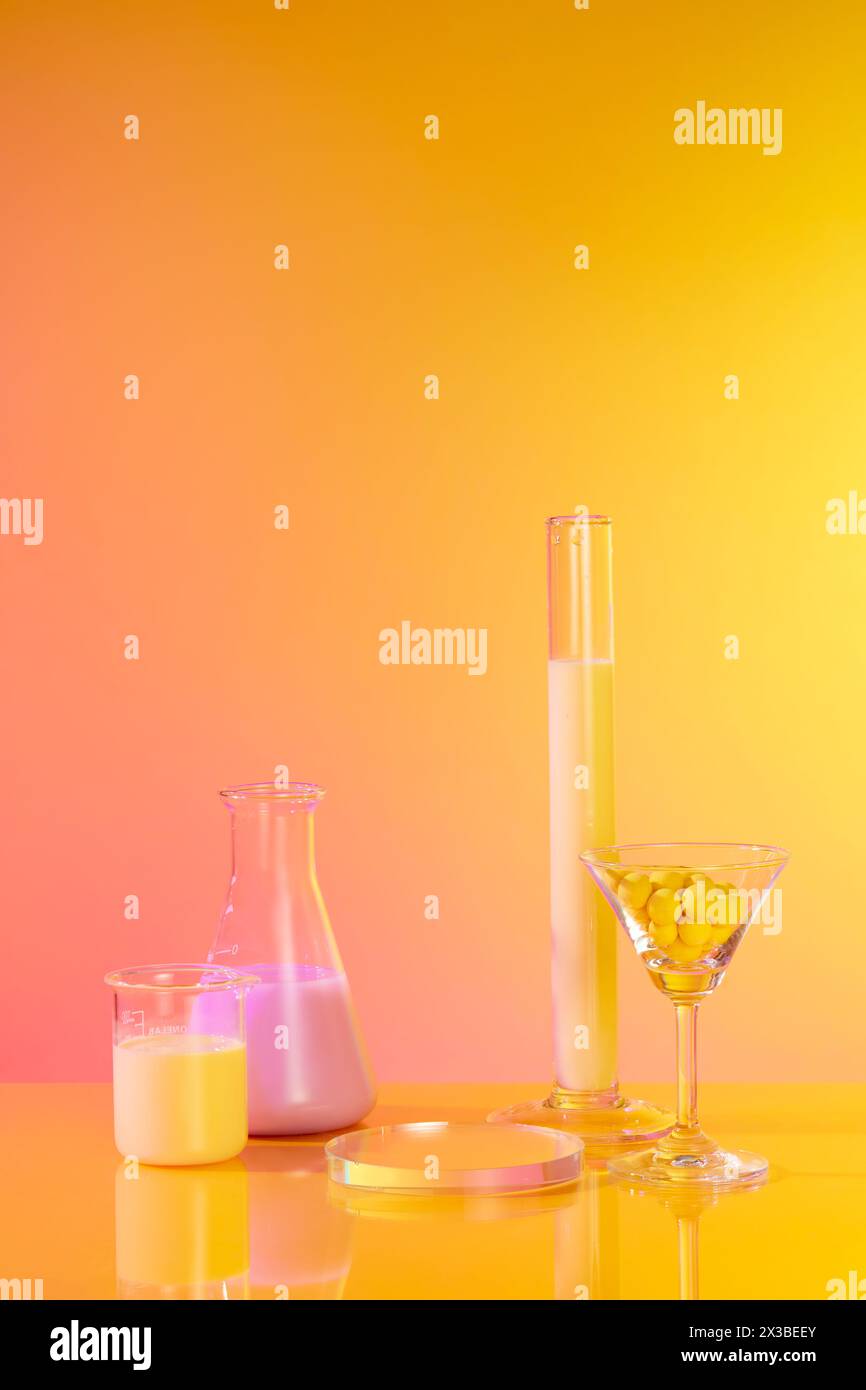 Lab Podium Round podium placed in the middle with few laboratory glassware and a ...