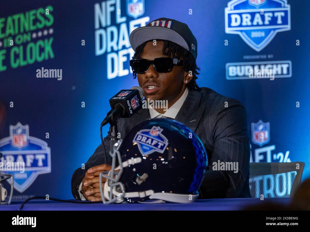 Detroit, United States. 25th Apr, 2024. Malik Nabers speaks to the