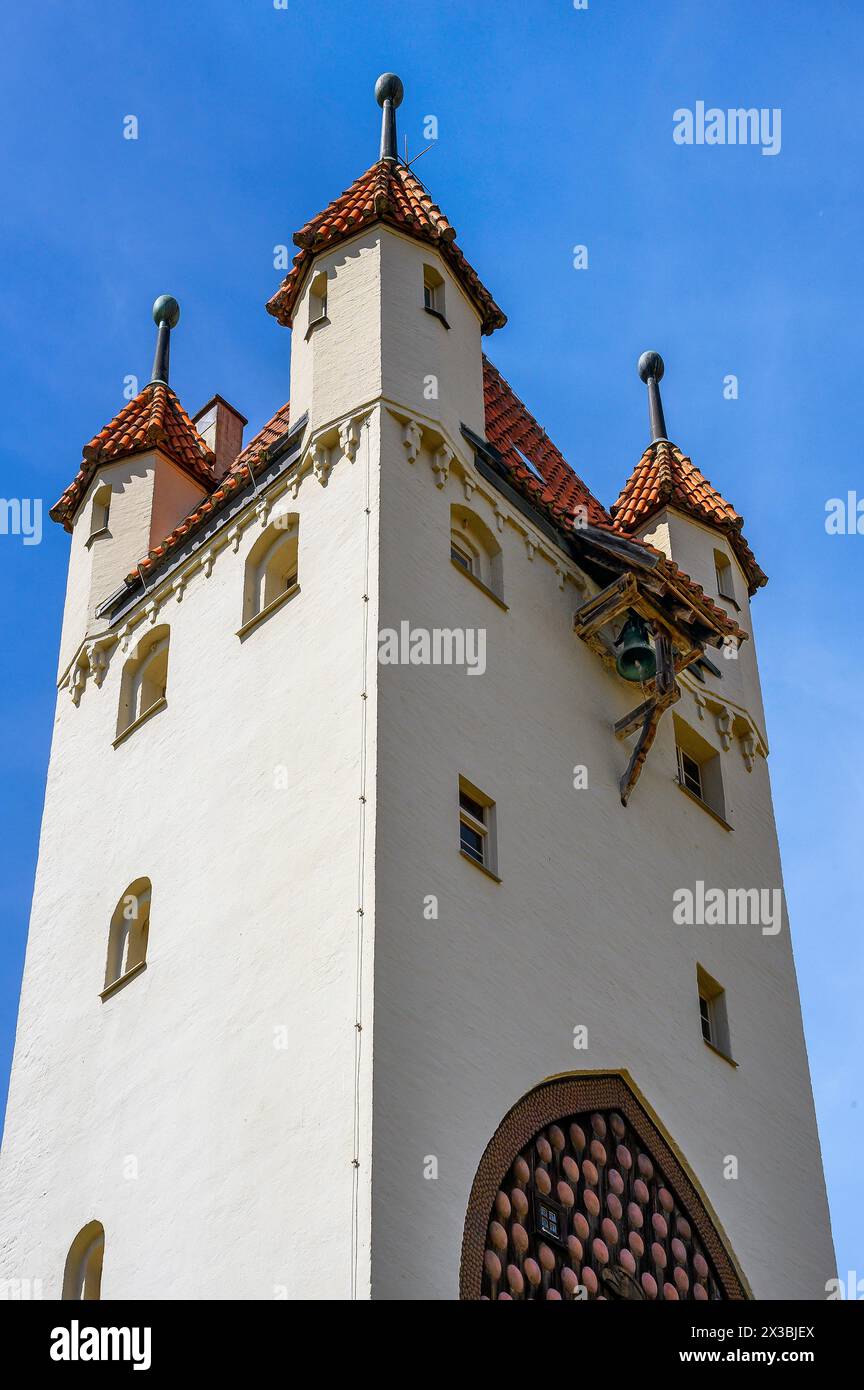 The five-button tower with bell, Kaufbeuern, Allgaeu, Swabia, Bavaria, Germany Stock Photo