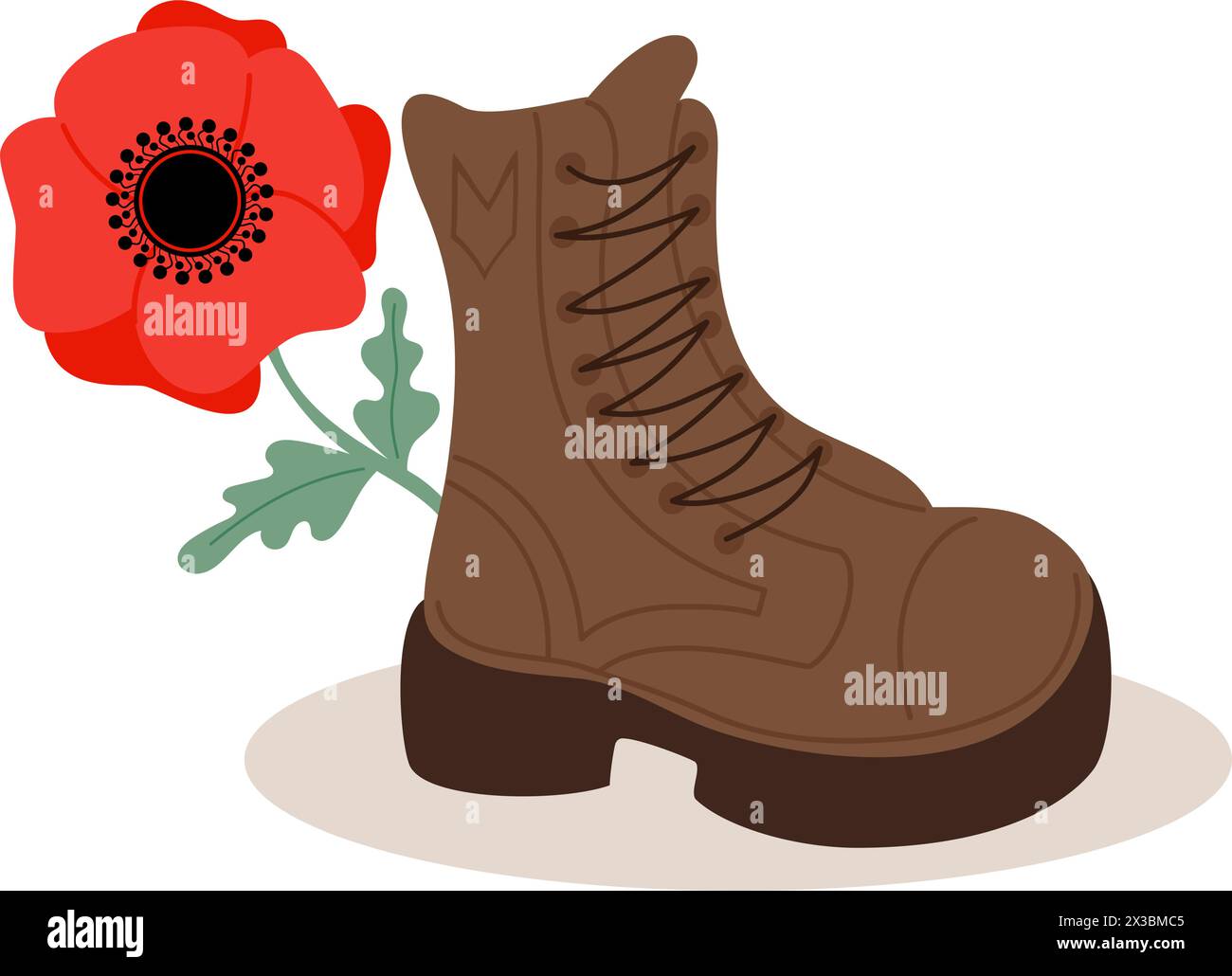 Military veteran boot with red poppy flower. Vector illustration in flat style Stock Vector