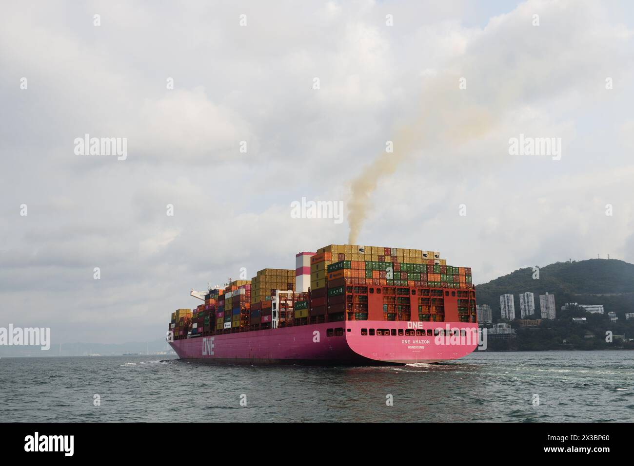 The One Amazon container ship heading to the port of Hong Kong. Stock Photo