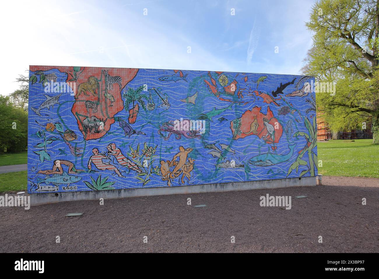 Sculpture Living Planet Square, World Map of Life, by Stefan Szczesny 2000, street art, wall mosaic, graffiti, South Africa, Australia, map, water Stock Photo