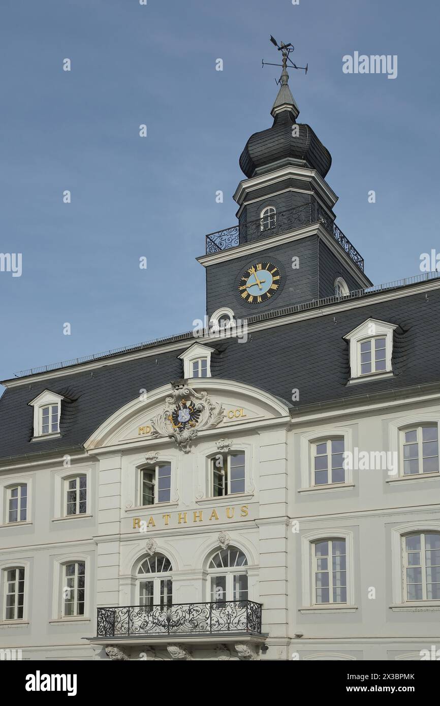 Baroque old town hall with inscription town hall, spire, white, roman, number, year, 1750, Schlossplatz, Saarbruecken, Saarland, Germany Stock Photo