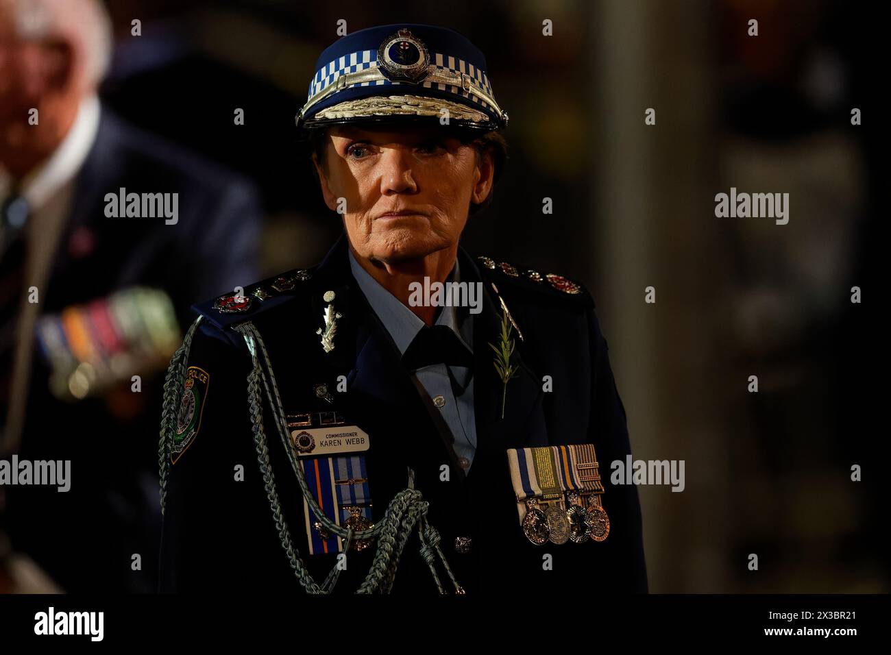 Sydney, Australia. 25th Apr, 2024. New South Wales Police Commissioner, Karen Webb walks back to her seat after laying a wreath during the ANZAC Day Dawn Service at the Martin Place Cenotaph on April 25, 2024 in Sydney, Australia Credit: IOIO IMAGES/Alamy Live News Stock Photo