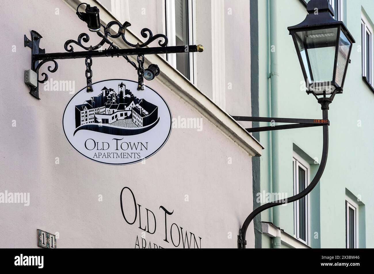 Nasenschild, Old Town Apartments, and Lantern, Kaufbeuern, Allgaeu, Swabia, Bavaria, Germany Stock Photo