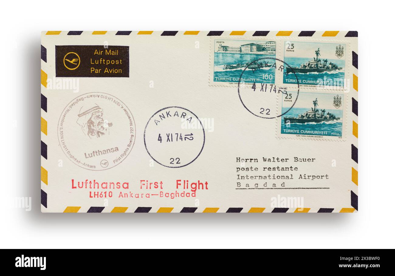 First flight letter, first flight cover, Lufthansa first flight LH610 with Boeing 727 from Ankara, Turkey, to Baghdad, Iraq, on 4 November 1974 Stock Photo