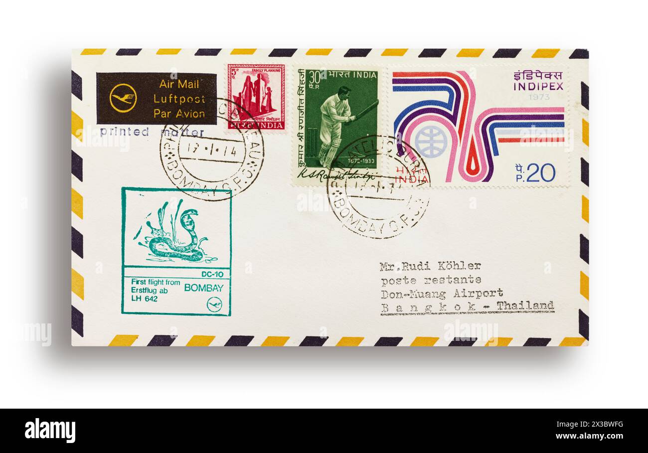 First flight letter, first flight cover, Lufthansa first flight LH642 with DC10 from Bombay, India, to Bangkok, Thailand, on 19 January 1974 Stock Photo