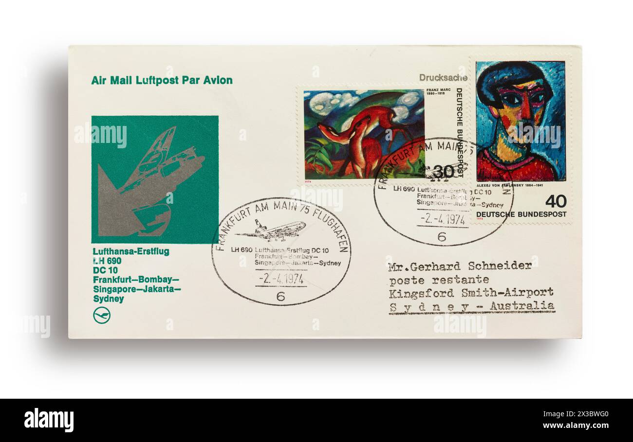 First flight letter, first flight cover, Lufthansa first flight LH690 with DC10 from Frankfurt, Germany, via Bombay, India, Singapore, Jakarta Stock Photo