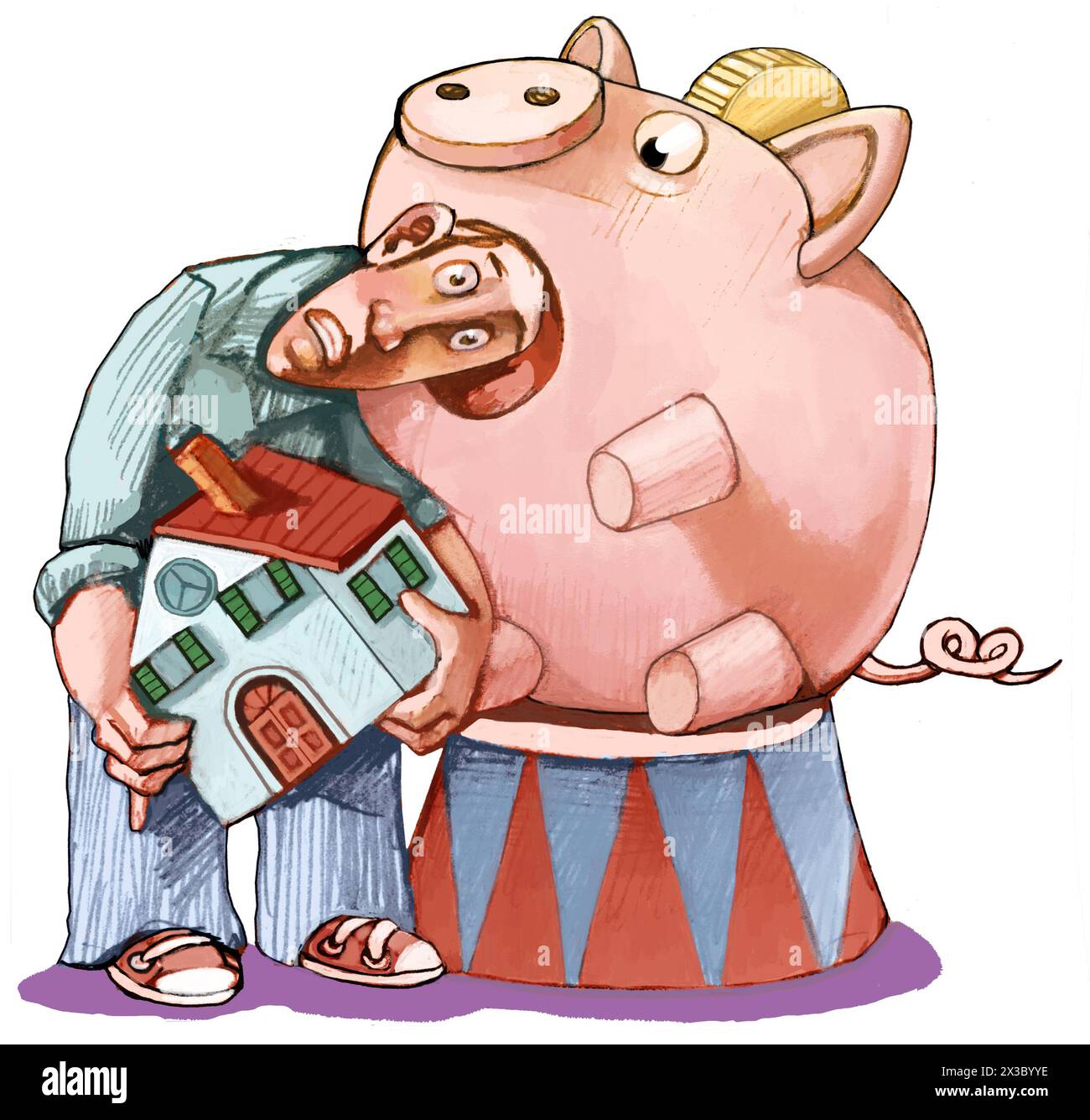 Man with his house in his arms sticks his head in the jaws of a piggybank, a metaphor for the rise of adjustable-rate mortgages and greed of banks Stock Photo