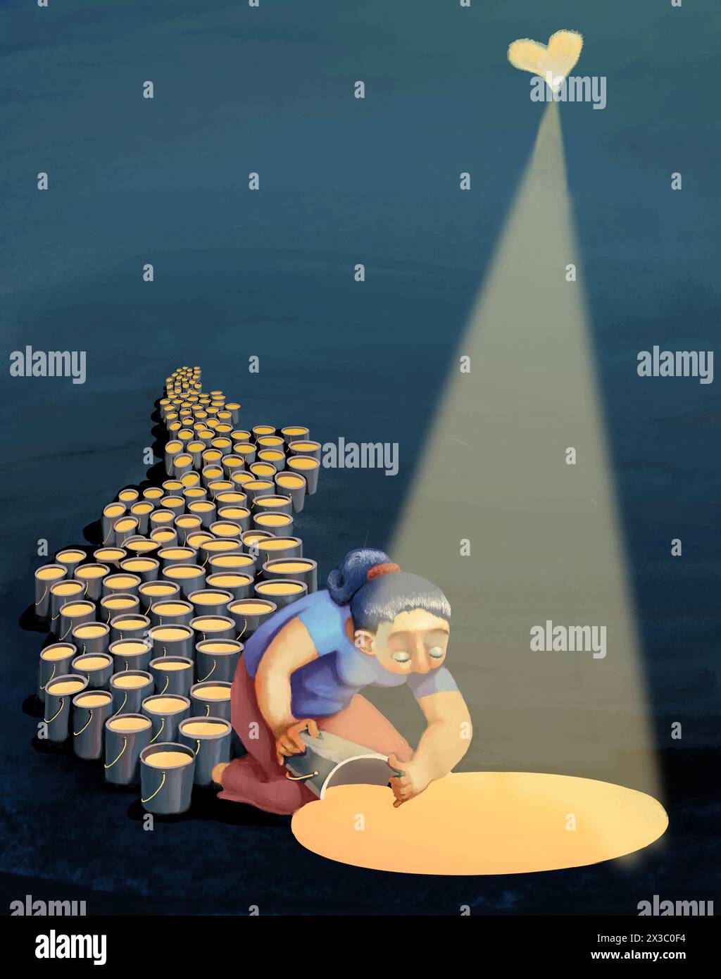 woman fills buckets with the light coming from a small golden heart in the night sky, concept of preserving moments and loving thoughts for the saddes Stock Photo