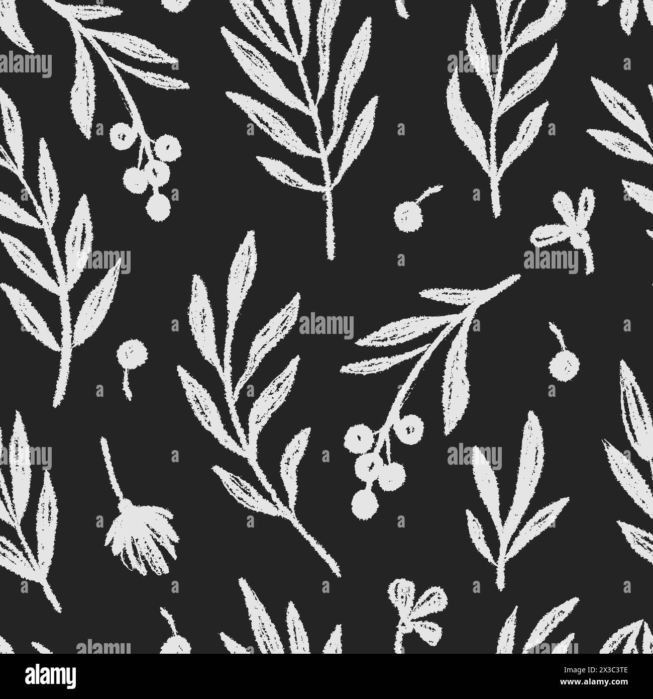 Floral leaf seamless black pattern vector background. Hand drawn crayon abstract texture paint tree leaf seamless brush pattern. Black, white texture leaves floral print. Vector Stock Vector