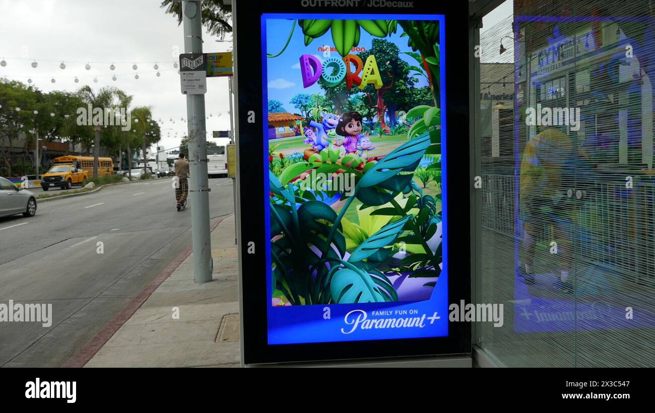 Los Angeles, California, USA 25th April 2024 Dora The Explorer Paramount Plus Bus Stop on April 25, 2024 in Los Angeles, California, USA. Photo by Barry King/Alamy Stock Photo Stock Photo