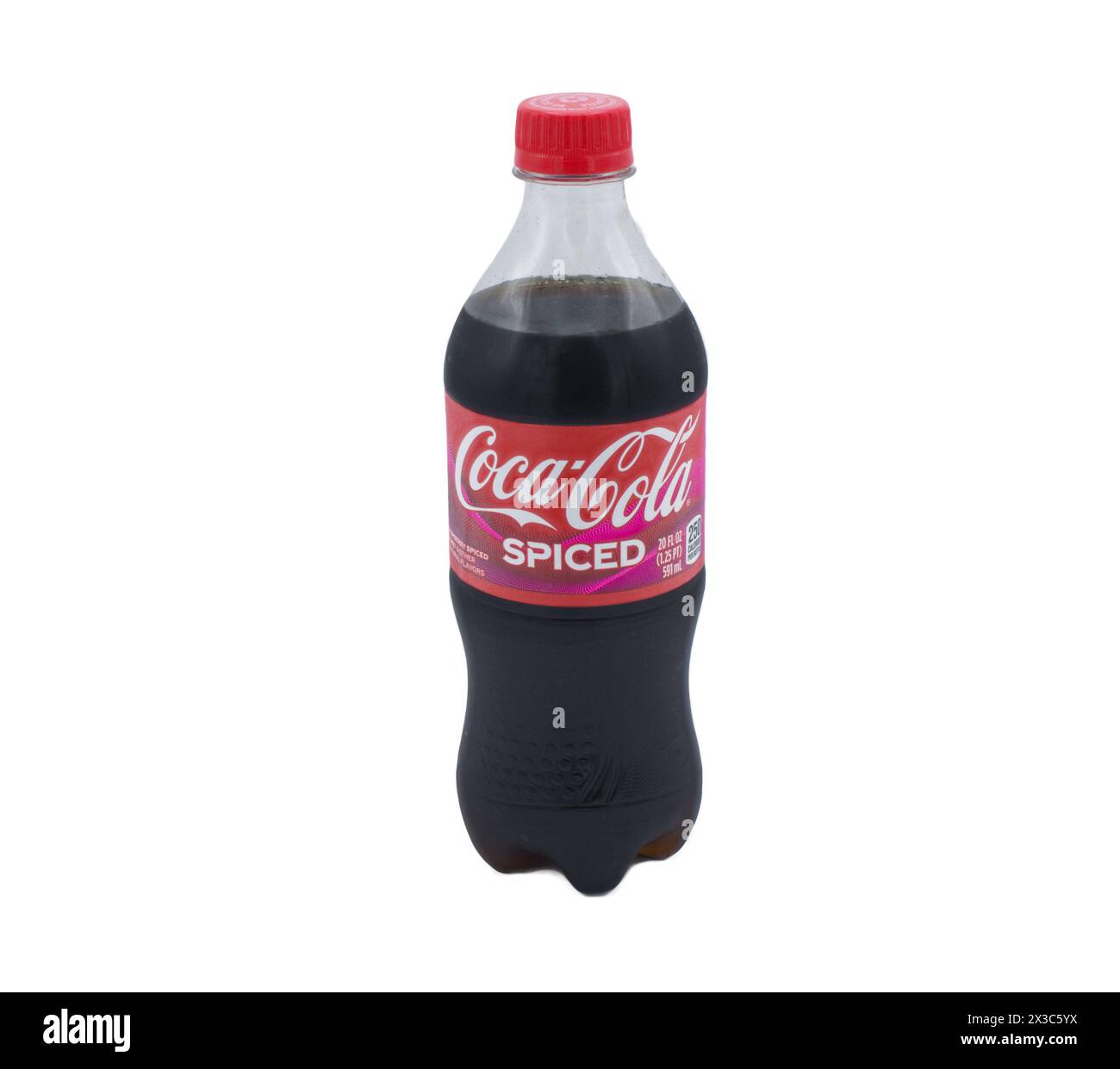 Ocala, FL March 4, 2024 Retail store 20 Fl oz Coke spiced soda pop raspberry spice flavors on display isolated on white background. refreshment drink Stock Photo