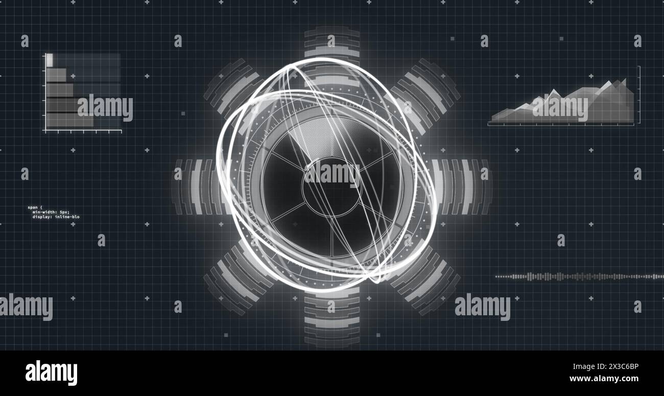 Image of data processing over globe spinning and grid in background Stock Photo