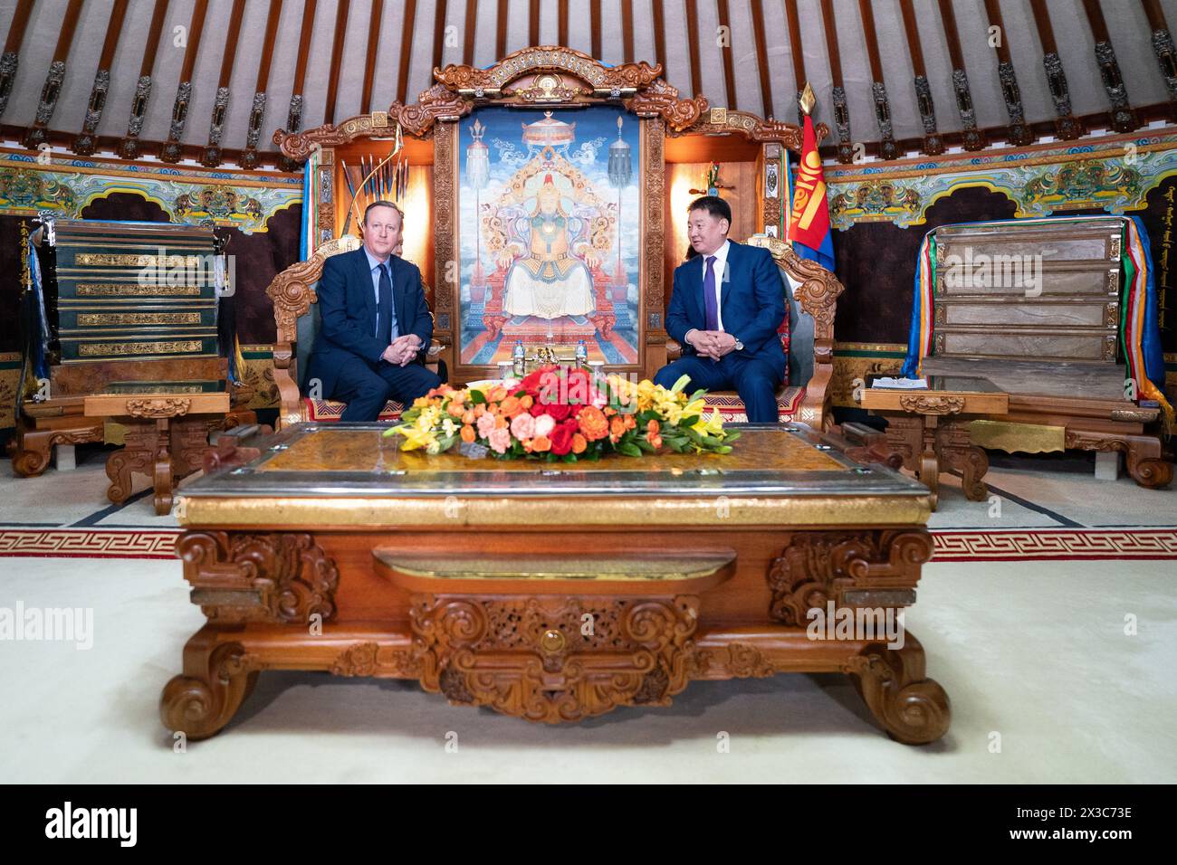 Foreign Secretary Lord David Cameron meets President Khurelsukh in his Ger at the Presidential Palace in Ulaanbaatar, Mongolia, on the fifth day of his five day tour of the Central Asia region. Picture date: Friday April 26, 2024. Stock Photo