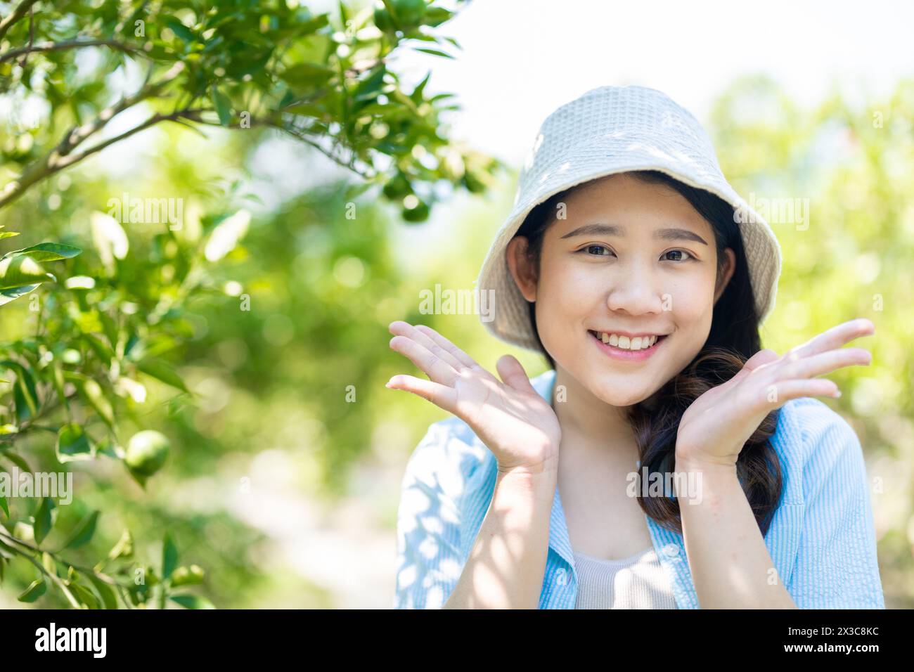 healthy cute teen girl plus size happy smiling at orange garden farm outdoor Stock Photo