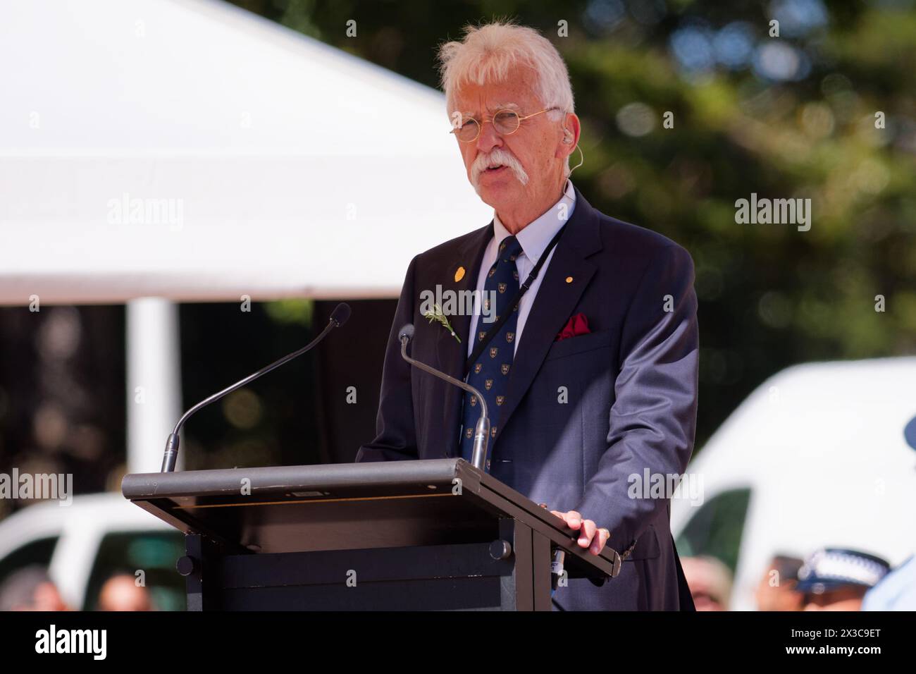 Master of Ceremonies, Gareth McCray speaks during the ANZAC Day ...